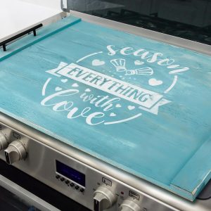 Spiareal Noodle Board Stove Wooden Cover with Handles 29.5 x 22 inche Stove Top Cutting Board Laminate Farmhouse Electric Stove Gas Cover Handmade for Kitchen Counter (Cute)