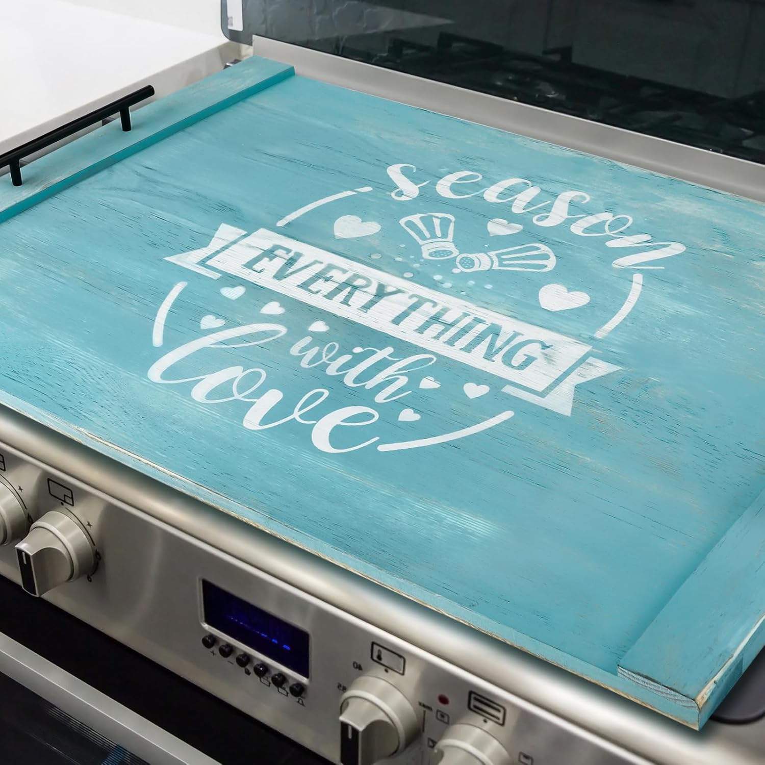 Spiareal Noodle Board Stove Wooden Cover with Handles 29.5 x 22 inche Stove Top Cutting Board Laminate Farmhouse Electric Stove Gas Cover Handmade for Kitchen Counter (Cute)