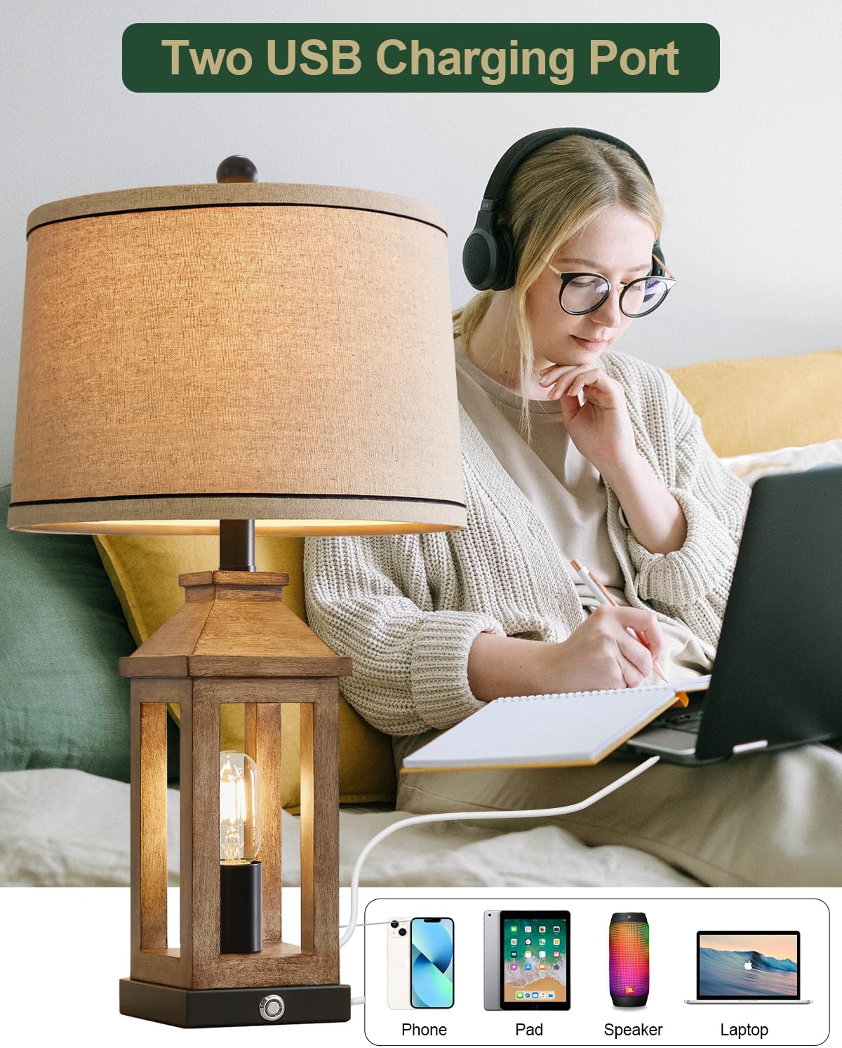 23.75" Farmhouse Table Lamps USB A+C Charging Ports 3-Way Dimmable Touch Control Lamp Nightlight Vintage Modern Lamp for Living Room Bedroom with 2 Light Sources - Image 4