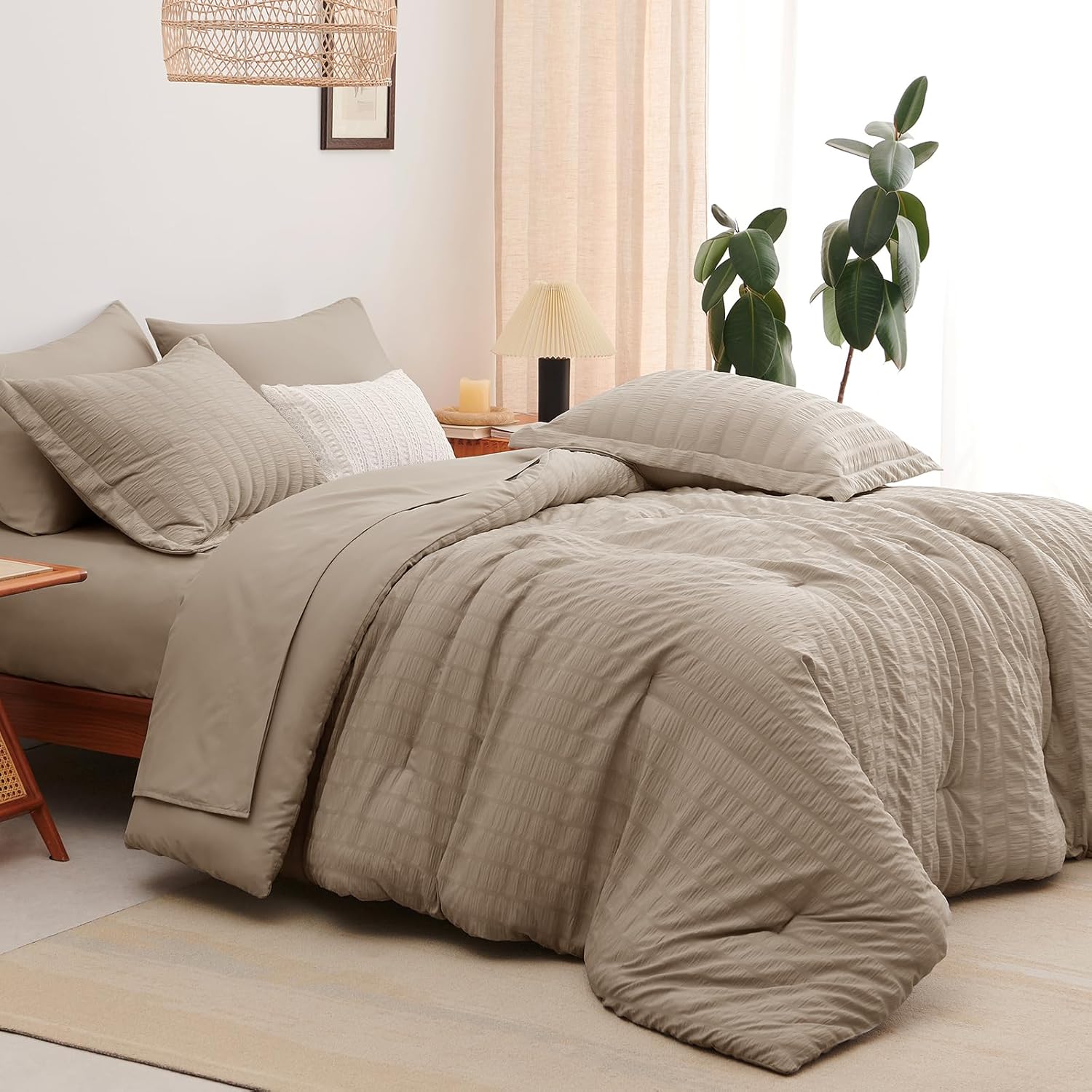 CozyLux Queen Comforter Set Khaki Seersucker 7 Pieces Bed in a Bag Queen Comforter Set with Sheets, Luxury Soft Bedding Set with Down Alternative Comforter, Sheets, Pillowcases & Shams for All Seasons - Image 7