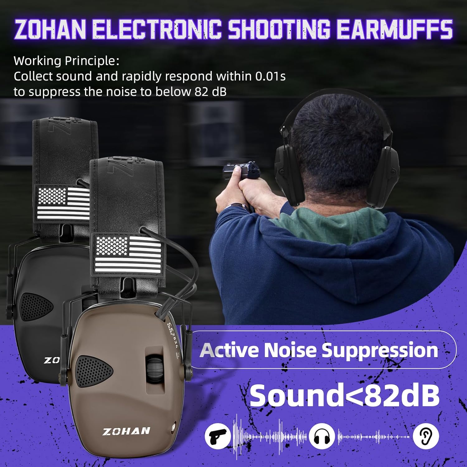 ZOHAN Electronic Shooting Earmuffs, Hearing Protection Shooters, NRR 23dB Noise Reduction Gun Range Ear Protection Headphones - Image 4
