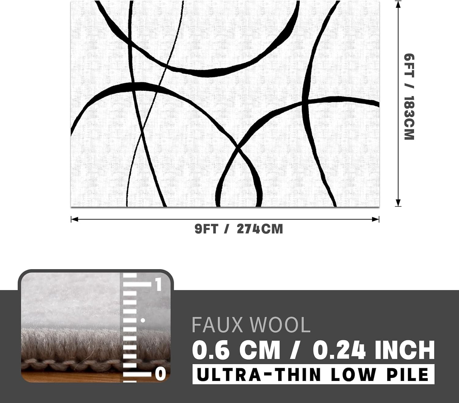 YIHOUSE 6'x9' Black and White Rug- Washable Area Rug for Living Room Bedroom, Large Modern Non-Slip Ultra-Thin Rug Home Decor,Curve,6x9ft - Image 2