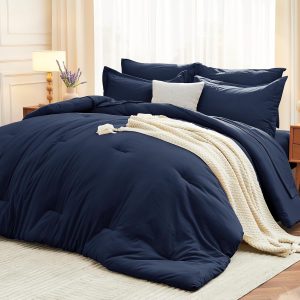 MUXHOMO 7 Pieces Queen Comforter Set, Soft Bed in a Bag Queen Size, All Season Bedding Set with Comforter, Flat Sheet, Fitted Sheet, Pillowcases & Shams, Navy Blue