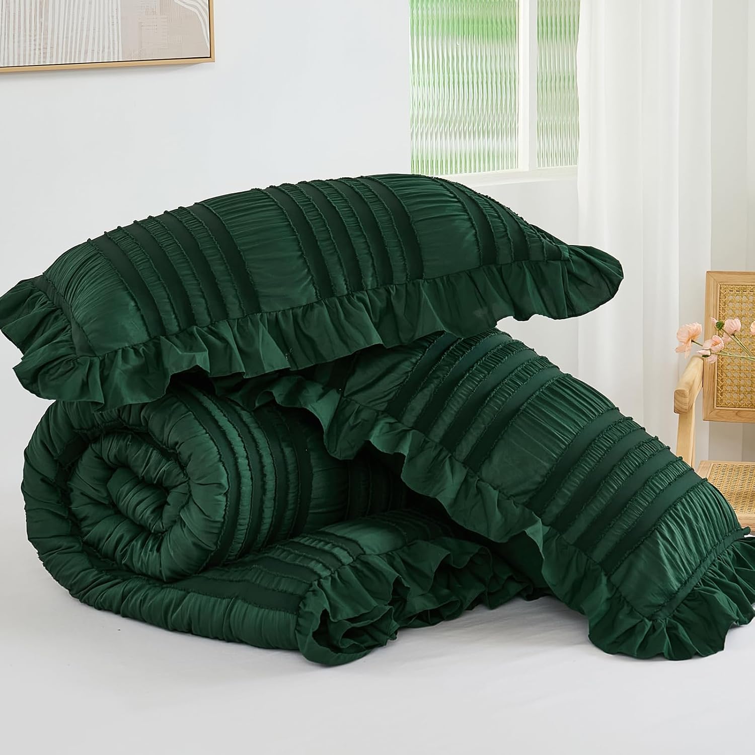 WONGS BEDDING Queen Size Comforter,Christmas Emerald Green Boho Comforter Set Queen,Shabby Chic Bedding Set for Bed, 3 Pieces Soft Lightweight Farmhouse Comforter for All Season 90"×90" - Image 7