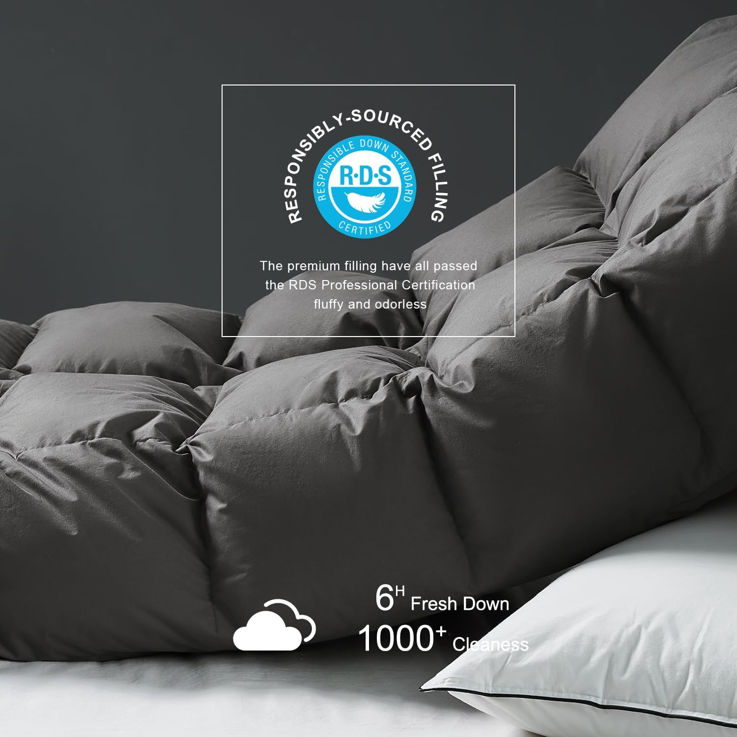 Royoliving Premium Feathers Down Comforter 100% Cotton Cover Duvet Insert with Corner Tabs (Charcoal Grey, King All Season) - Image 3