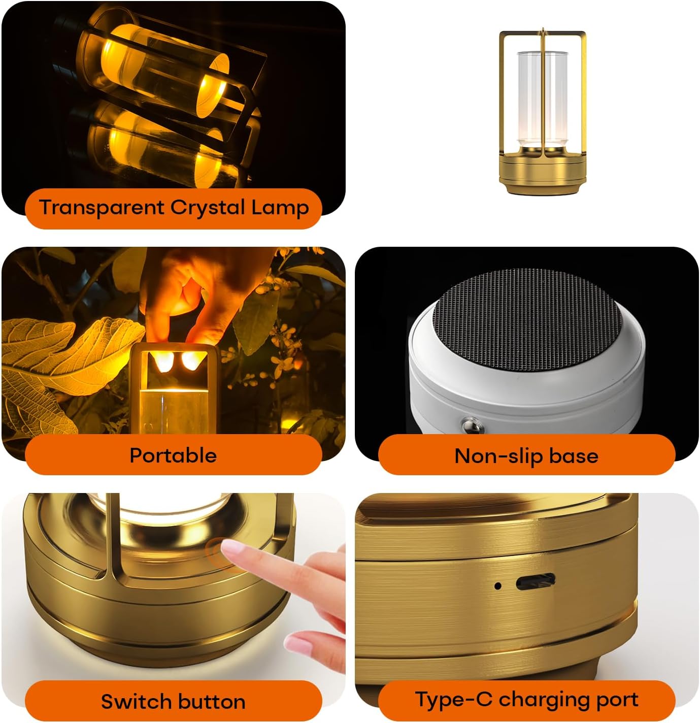 Portable Metal Table Lamp for Indoor/Outdoor ,Rechargeable Cordless LED Lamp, 3-Colour Infinitely Dimming Battery Powered Small Desk Lamp, Restaurant/Bedroom/Bar/Coffee/Camping Light (Gold Set of 2) - Image 6