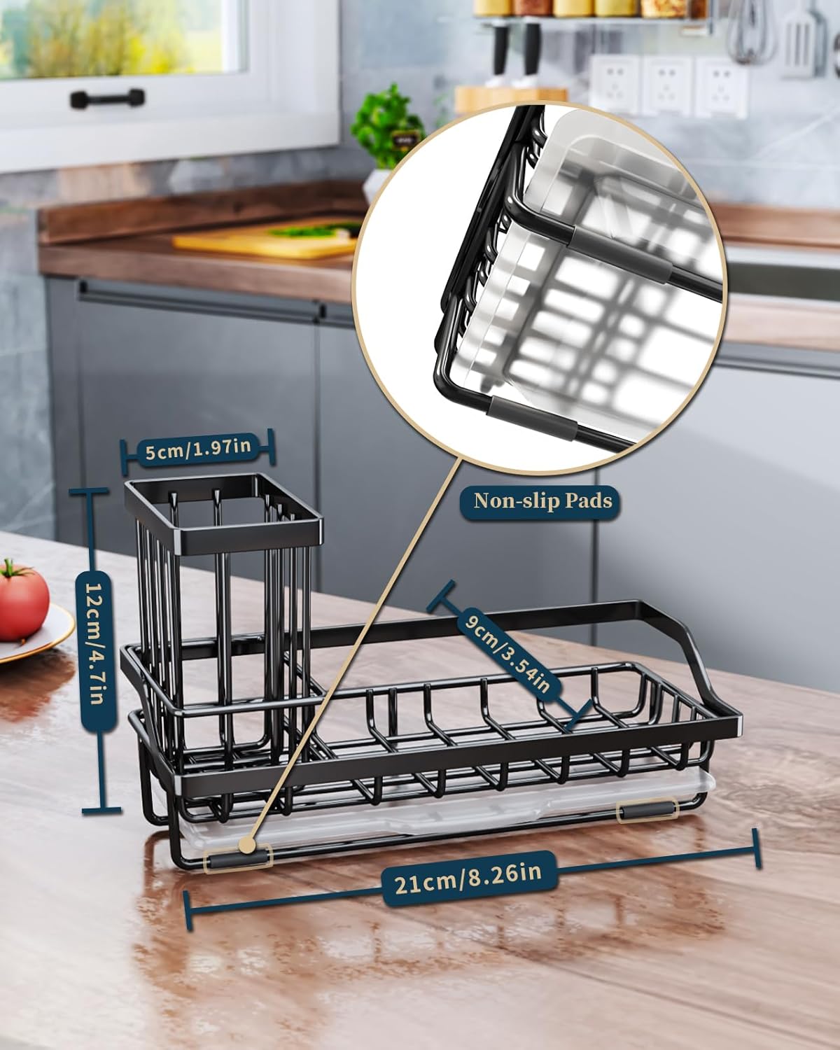 Consumest Sponge Holder for Kitchen Sink - Kitchen Sink Caddy Organizer with Removable Drip Tray for Countertop Dish Soap Dispenser Brush Storage Accessories 304 Stainless Steel - Black - Image 7