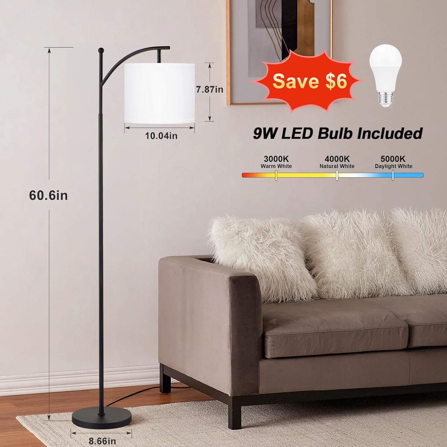 60" Floor Lamp With 3 Color Temperatures, Adjustable White Shade, Black Pole - Tall Lamp for Living Room, Bedroom, Office, Classroom, Dorm - 9W Bulb Included - Image 2