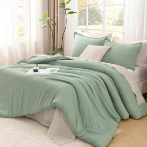 Litanika King Size Comforter Set, 3 Pieces Fluffy Lightweight Comforter King Size, All Season Solid Down Alternative Comforter Bed Set, Sage Green King