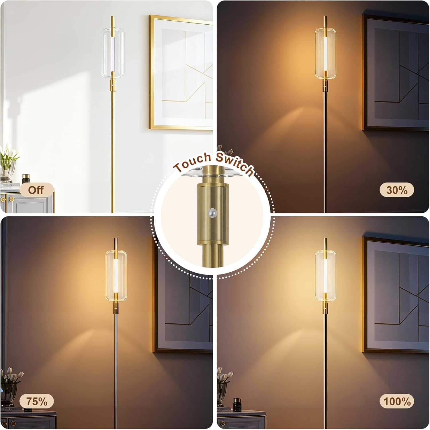 LED Light Strip 6W 24V Glass Floor Lamps for Living Room, Modern Tall Lamp with Glass Lampshade Touch Switch, Marble Base, 64" Stepless Dimmable Standing Floor Lamp for Bedroom Office - Image 3