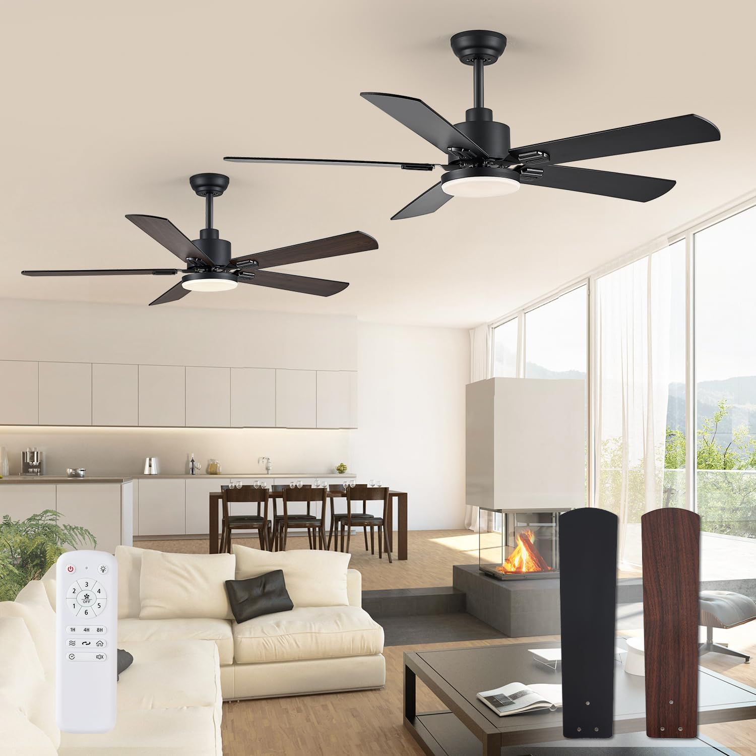ZMISHIBO 2 Pack 52″ Ceiling Fans with Lights, Black Modern Ceiling Fan with Remote, Farmhouse Indoor Ceiling Fan with Dual Finish Blades, Quiet & Strong Motor, Bright LED Light.
