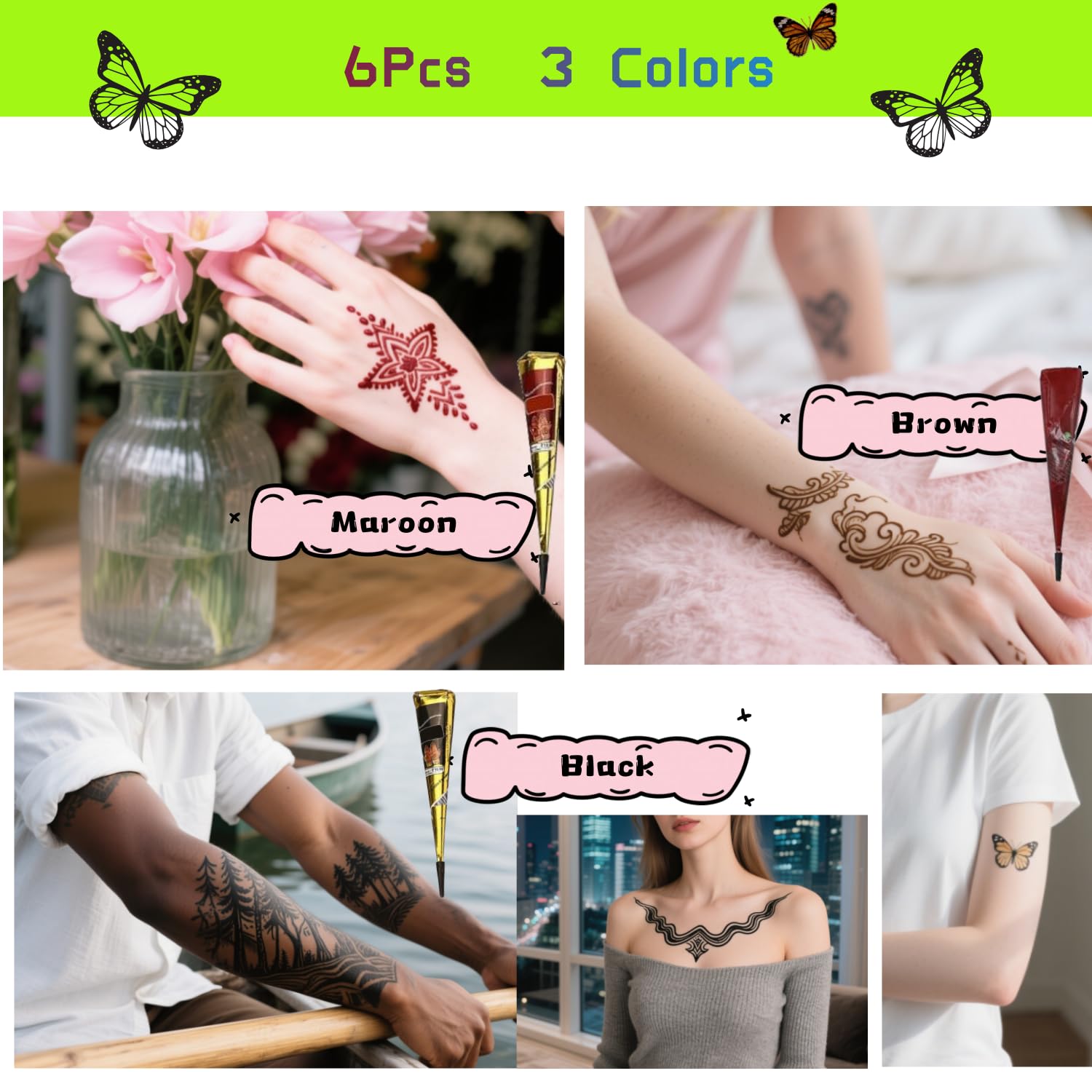 Temporary Tattoos Kit - Large 12 Sheets Temporary Tattoo Stencil Kit - 78 Unique Tattoo Designs - 6 Pcs (Brown/Black/Maroon) Ink with Paint Brush for DIY Body Art - Tattoos for Women Men Kids - Image 4