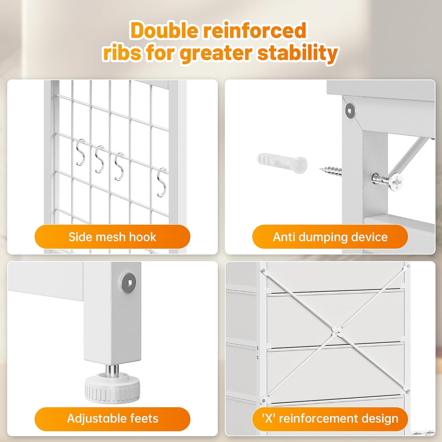 EnHomee 49.2" W White Dresser for Bedroom with Hanging Rack, 6 Drawers Dresser with LED Lights & Charging Station, Fabric Dressers & Chest of Drawers with Rack, Wooden Top, Grid Panel - Image 7