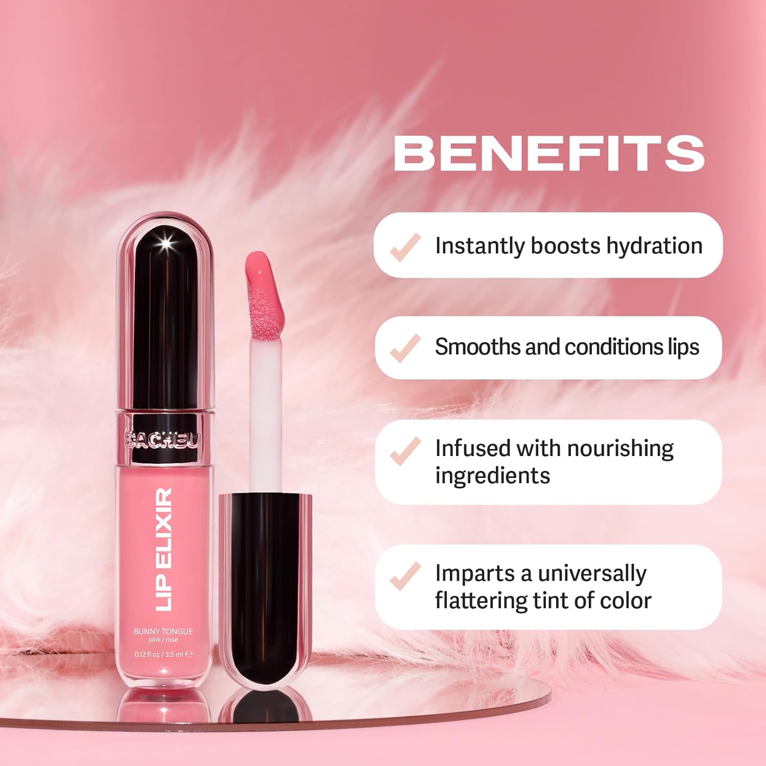 Sacheu Lip Elixir Nourishing and Hydrating Lipgloss — Moisturizing Plumping Lip Gloss Enriched with Collagen, Non-Sticky Lip Color Smooth High-Shine Finish, Vegan & Cruelty-Free, Bunny Tongue (Pink) - Image 4