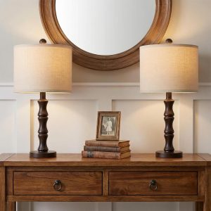 BOBOMOMO 20.5" Classic Table Lamps Set of 2, Farmhouse Nightstand Lamps with Dark Wood Grain Resin Base & Linen Shade, Small Bedside Lamps for Bedroom, Living Room, Home Office & Cozy Apartment Décor