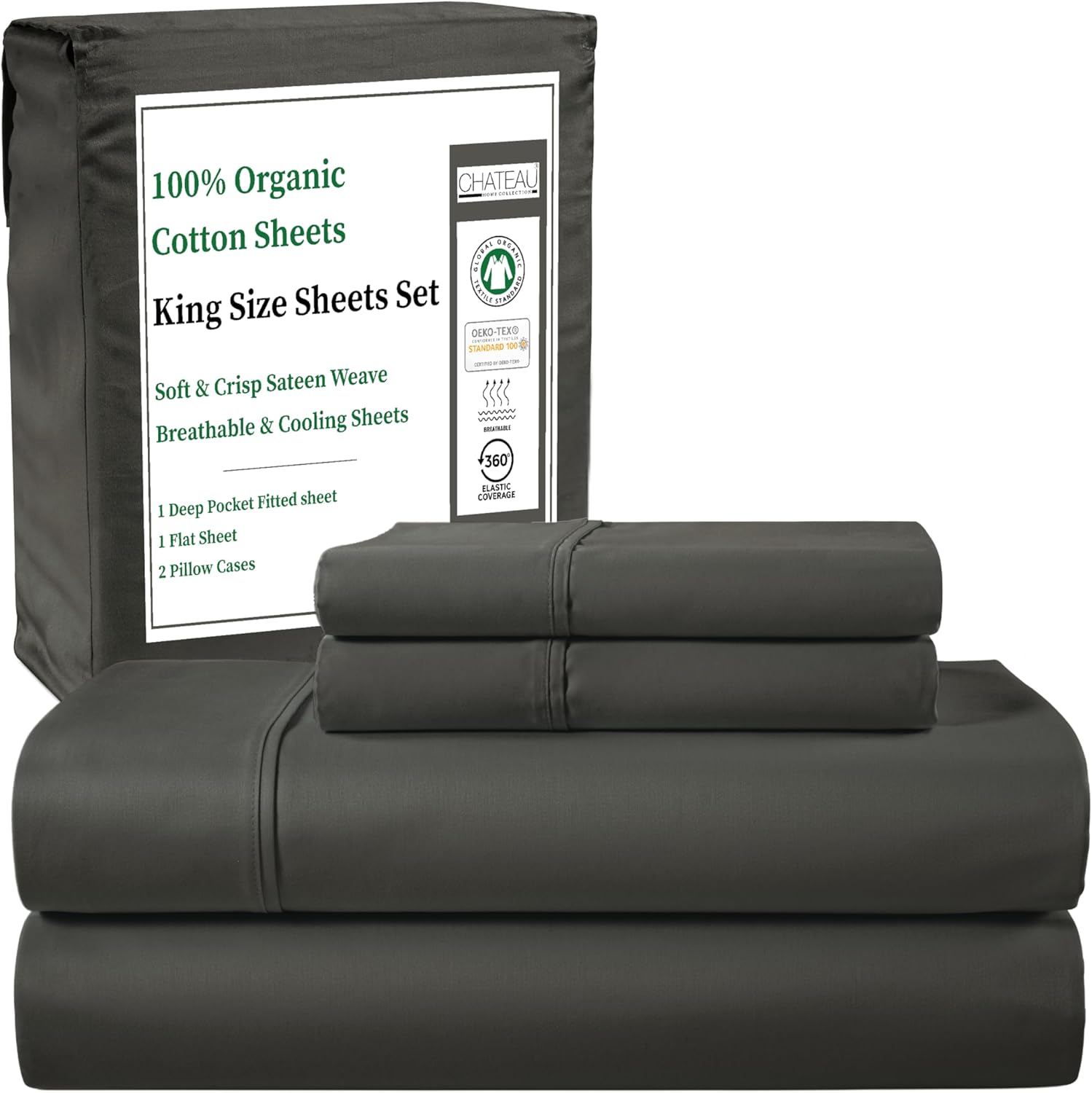 100% Cotton Sheets King Size Sheets Set with Fitted Sheet & Pillowcase Sets, Sateen Weave 4 piece Deep Pocket King Sheet Set, Soft & Comfy Naturally Cool Luxury Bedding- Charcoal