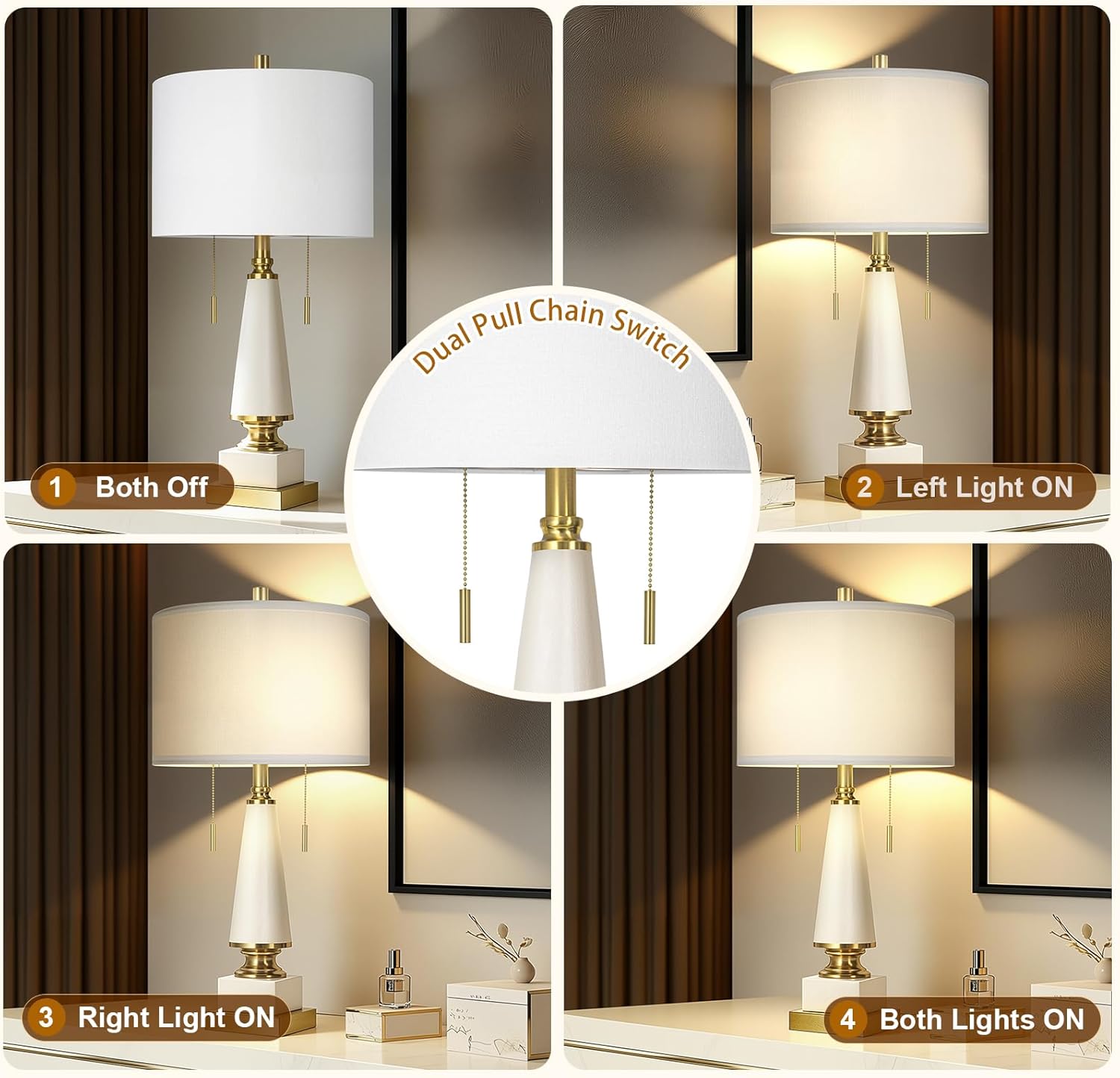 26" Bedside Table Lamps Set of 2, Ceramic Lamps for Living Room Nightstand with USB A+C Ports, Pull Chains Dual Switch, Modern Lamps with Linen Shade for Bedroom Office Home (Bulb Included) - Image 3