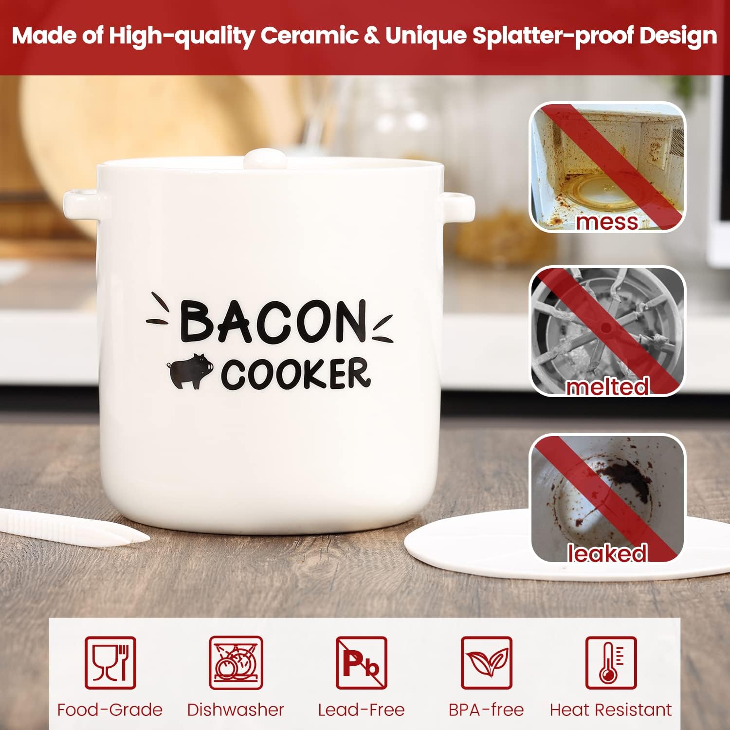 SOLIGT Ceramic Bacon Cooker for Microwave Oven - Splatter-Proof Design Microwave Bacon Cooker with Lid and Bonus Tongs - Easy Faster Bacon Maker for Yummy Crispy Bacon - Image 2