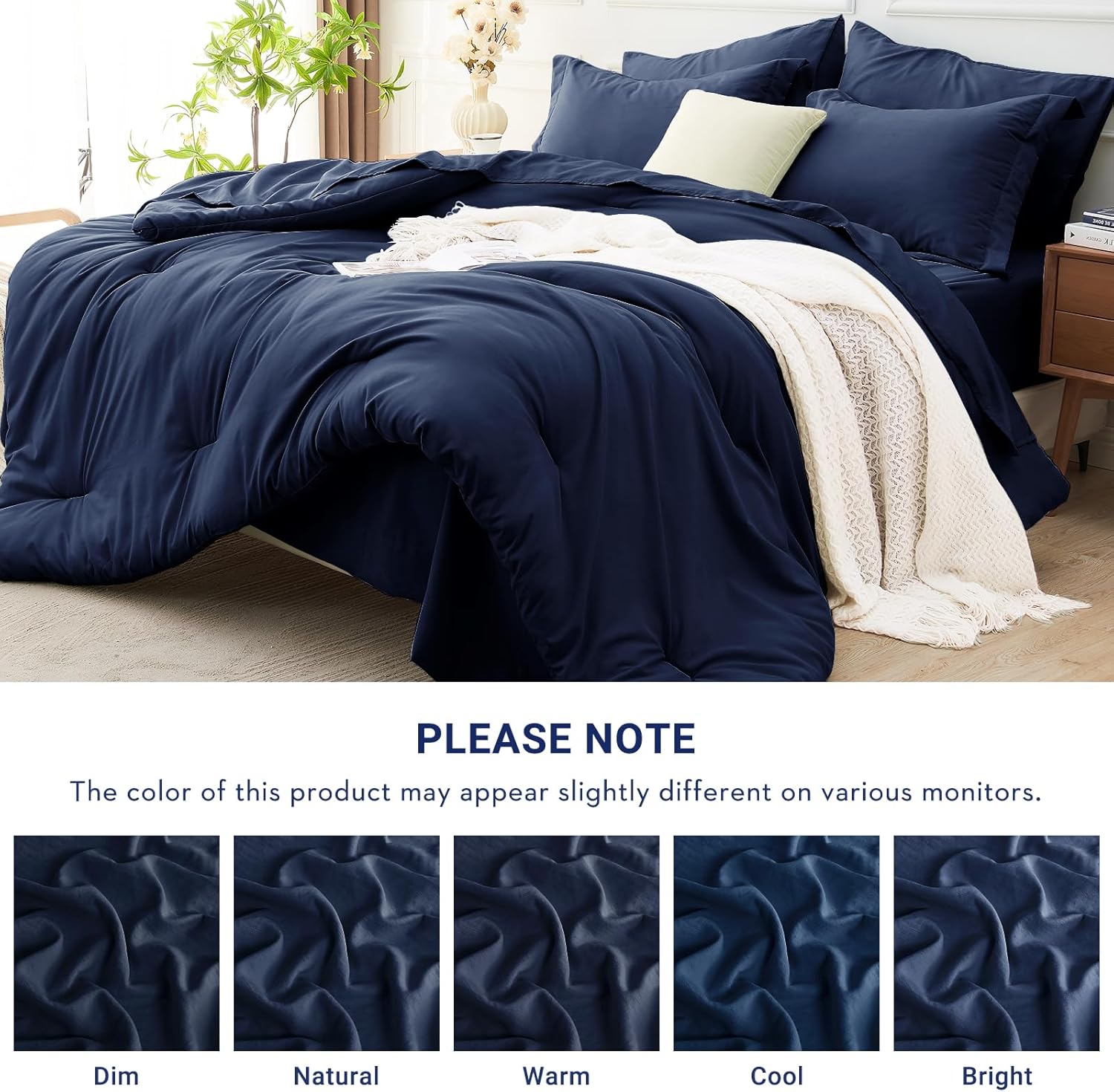 MUXHOMO 7 Pieces Queen Comforter Set, Soft Bed in a Bag Queen Size, All Season Bedding Set with Comforter, Flat Sheet, Fitted Sheet, Pillowcases & Shams, Navy Blue - Image 8