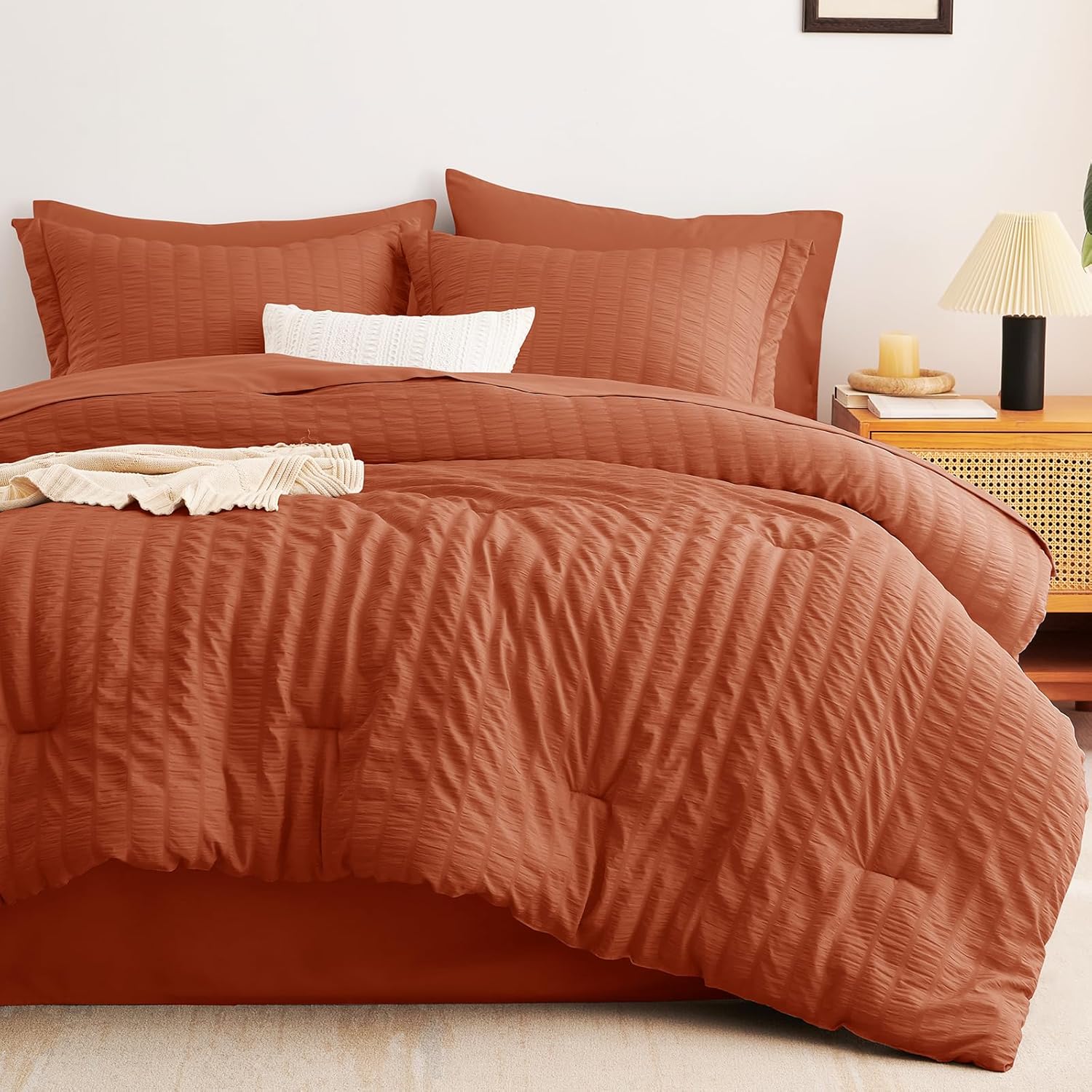 CozyLux Full Size Comforter Sets with Sheets Seersucker 7 Pieces Burnt Orange Bed in a Bag Luxury Terracotta Bedding Set with Down Alternative Comforter, Sheets, Pillowcases & Shams for All Seasons - Image 9