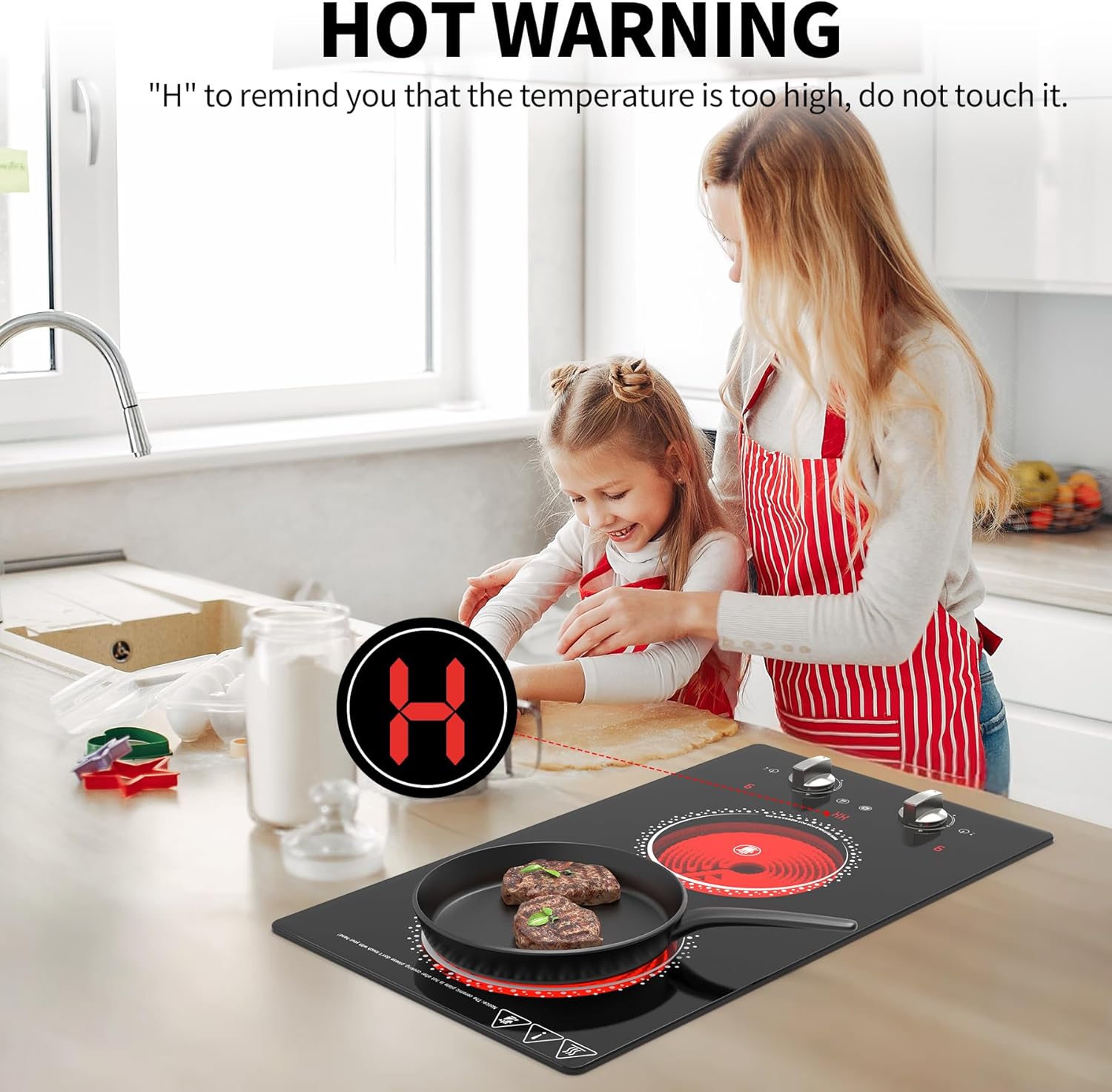 2 Burner Electric Cooktop - 12 Inch Electric Stove Top with Plug, 2100W Countertop Burners & Built-In Stove Top, 9 Levels of Power, Knob Control, Timer & Kid Safety Lock, Residual Heat Warning - Image 5