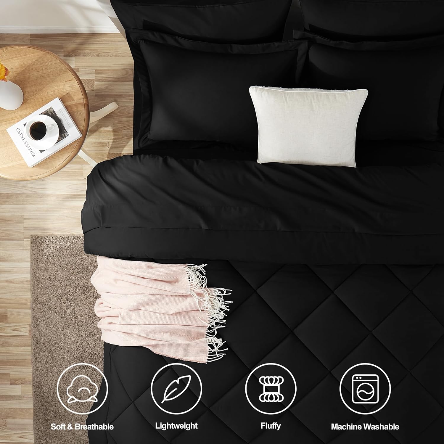 CozyLux Queen Comforter Set Black - Bed in a Bag Queen Size 7 Pieces, Luxury Soft Bed Set for All Seasons, Bedding Set with Down Alternative Comforter, Sheets, Pillowcases & Shams - Image 2