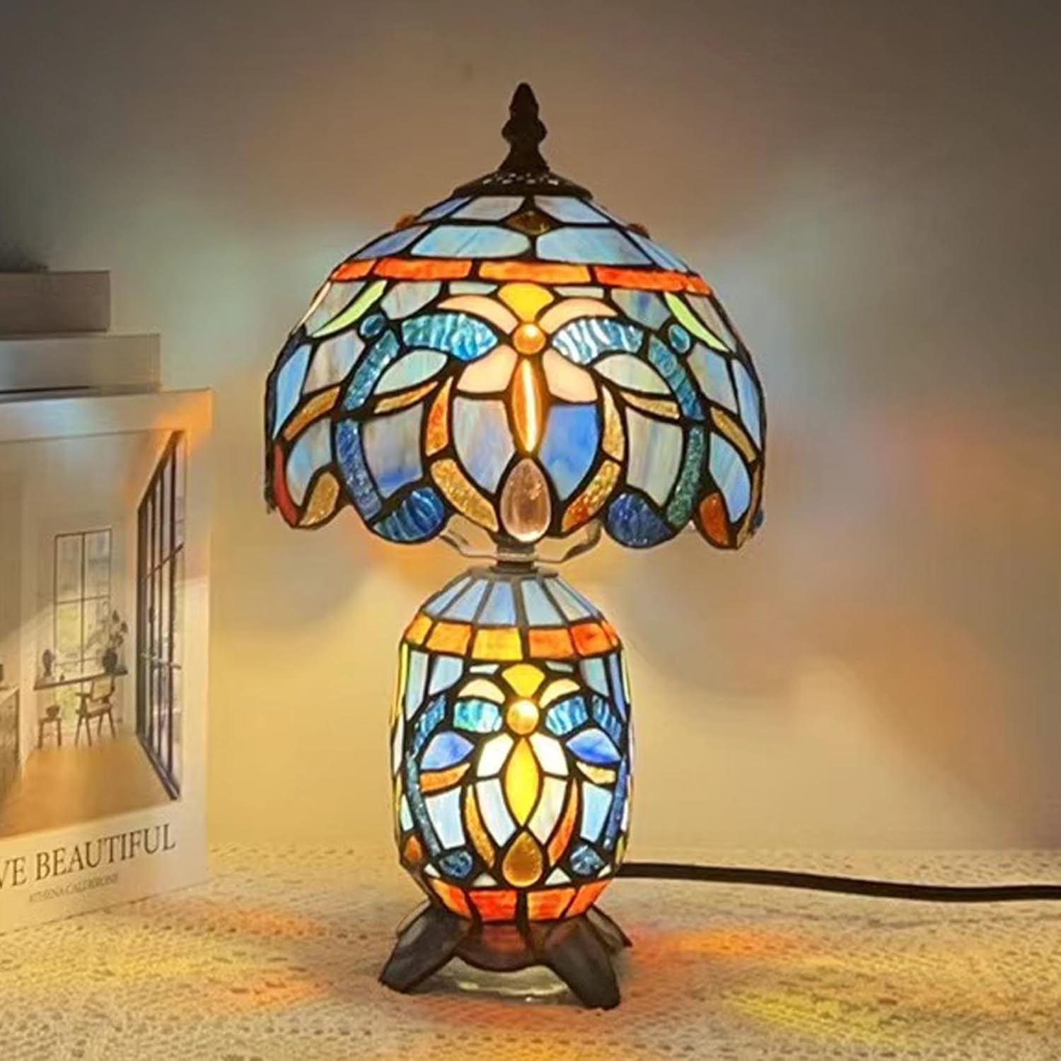 Small Tiffany Lampshade Replacement Only Stained Glass Style Lamp Shade 8 Inch Fit for Table Desk Lamp, Pendant Ceiling Light Fixture (Blue Purple) - Image 4