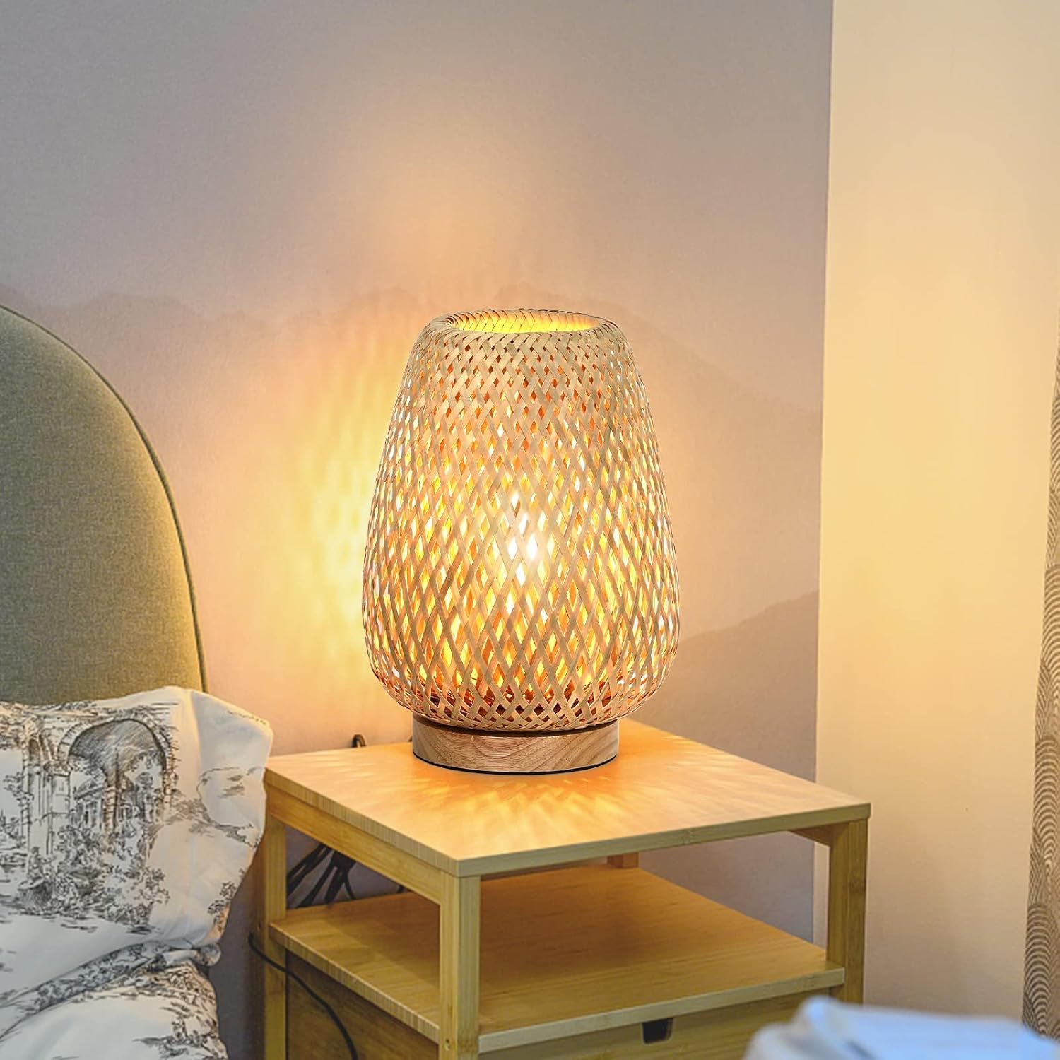 Rattan Table Lamp, Stepless Dimmable Small Beside Lamp, Vintage Wicker Wooden Nightstand Boho Bamboo Woven End Table Lamps for Bedroom Living Room Desk Kids Room, 2700K T45 LED Bulb Included - Image 5