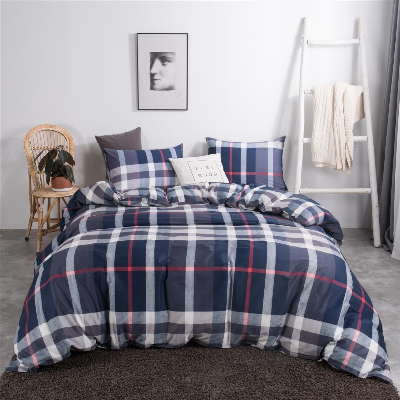 CLOTHKNOW Blue Plaid California King Comforter Set 3Pcs Tartan Bedding Comforter Sets All Season Soft Blue White Grey Grid Comforter with 2 x Pillow Cases
