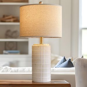 PoKat 23'' Bedside Table Lamp for Bedroom Nightstands, Ceramic Lamp for Living Room, White Night Stand Light with Round Linen Shade, Modern, Silver