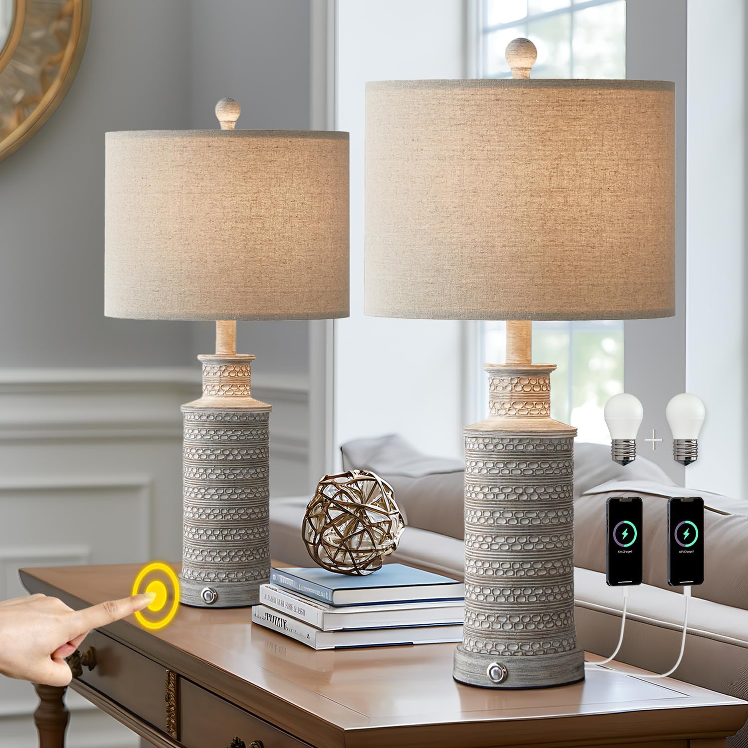 BOBOMOMO 3-Way Dimmable Touch Control Table Lamp Set of 2 with Dual USB Charging Ports for Bedroom Living Room Vintage Rustic Farmhouse Traditional Nightstand Bedside Lamps(Bulbs Included)