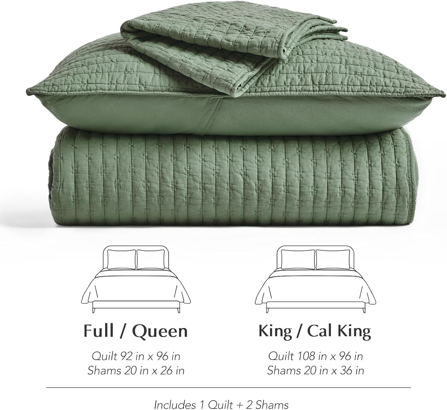 EVERGRACE Cross Stitch Pre-Washed Cotton Quilt Bedding Set King Size, Oversized 3 Pieces Lightweight Bedspread Coverlet for All Season, with 2 Matching Shams, Olive Green,108"x96" - Image 9
