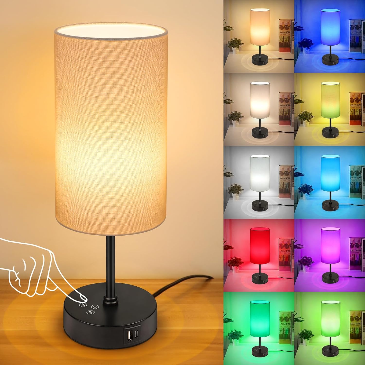 Unicozin Small Table Lamp, 3 CCT 3000K/4500K/6500K & RGB Color Changing, Stepless Dimmable Bedside Lamp for Reading, Touch Control Ambience Nightstand Light for Home Decor Party, Cream Shade