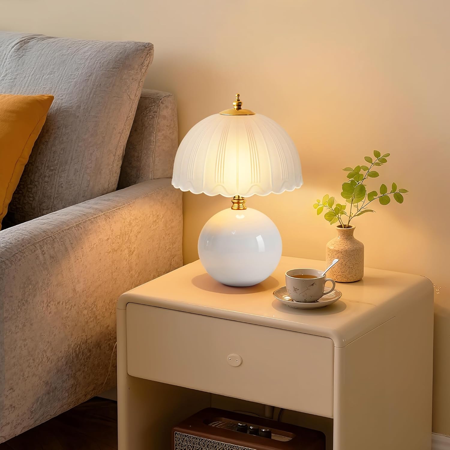 PARTPHONER Mushroom Table Lamp, Ceramic Bedside Lamp with Glass Shade, 3-Way Lighting (2700K-5000K) Rocker Switch, Small Nightstand Lamp for Bedroom, Living Room, Office, White - Image 6