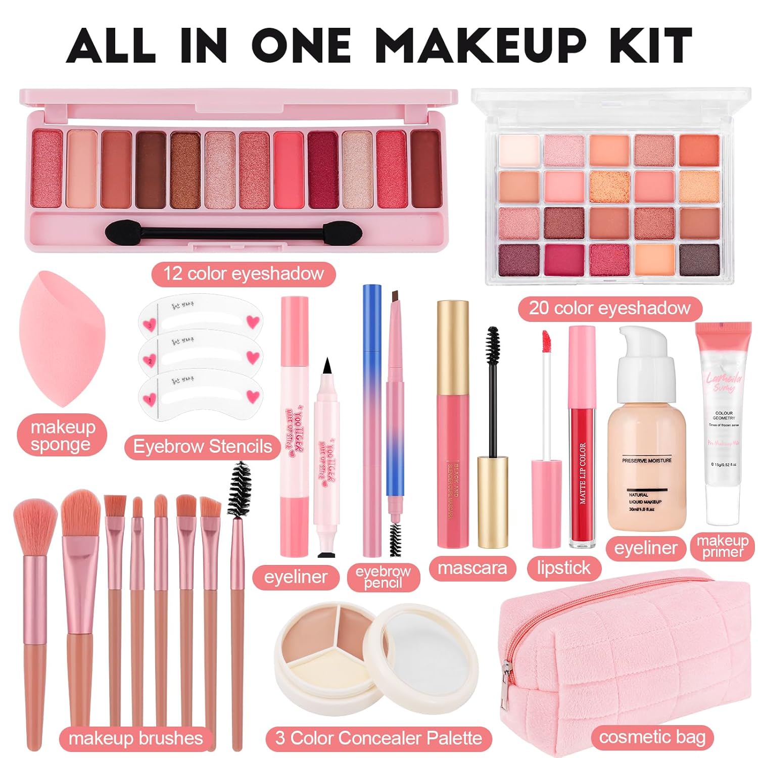 All In One Makeup Kit for Teen Girls Beginners with Foundation, Face Primer, Eyeshadow, Lipstick, Eyeliner, Mascara, Brushes, Bag, Travel Friendly MakeUp Gift Set, Stocking Stuffers for Teen Girls - Image 2