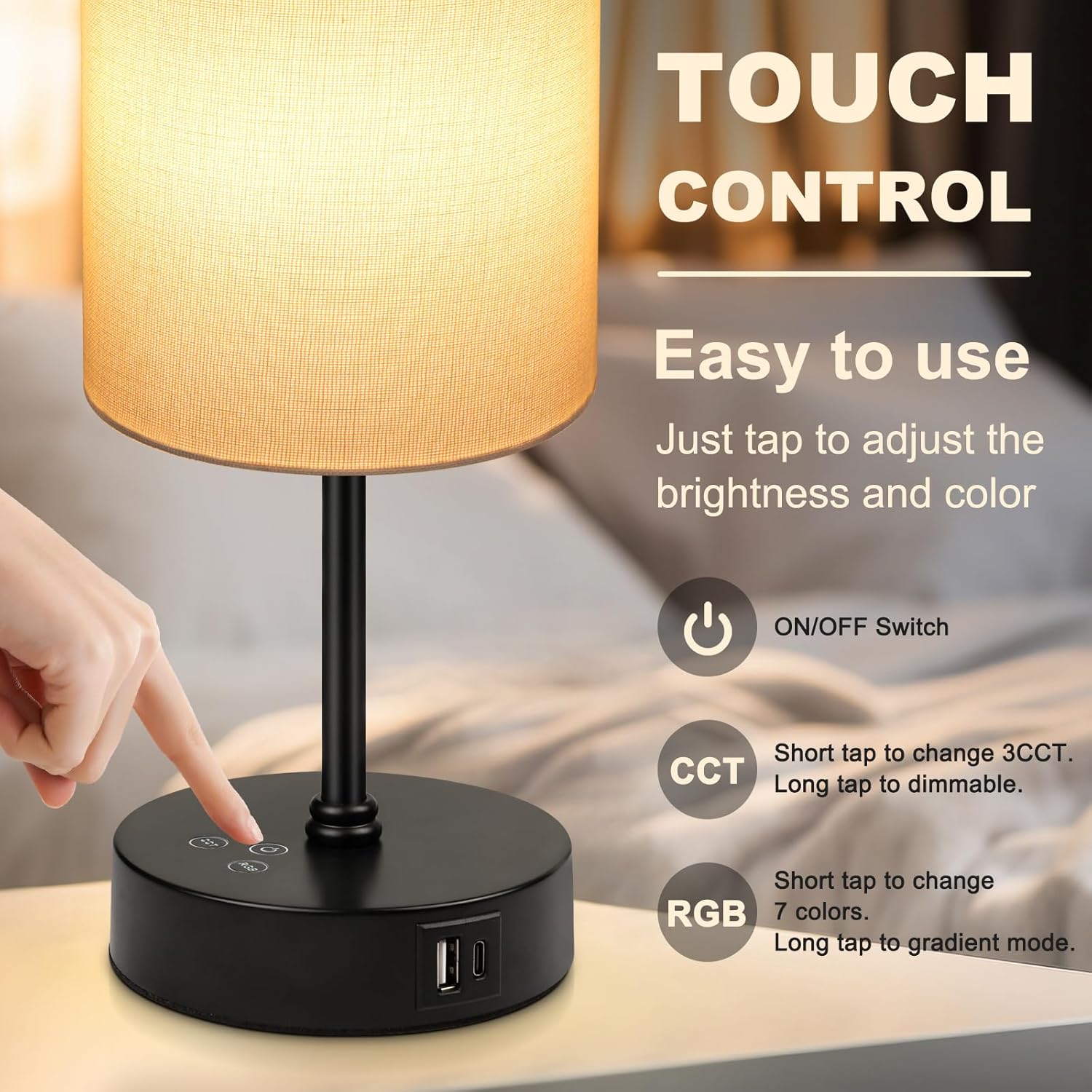Unicozin Small Table Lamp, 3 CCT 3000K/4500K/6500K & RGB Color Changing, Stepless Dimmable Bedside Lamp for Reading, Touch Control Ambience Nightstand Light for Home Decor Party, Cream Shade - Image 9