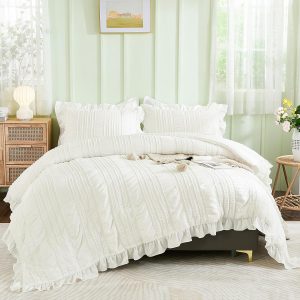 WONGS BEDDING White Queen Comforter Set,Boho Ruffle Comforter for Queen Bed,Soft Seersucker Shabby Chic Bedding Set with 1 Comforter,2 Tufted Pillowcases 90"×90"