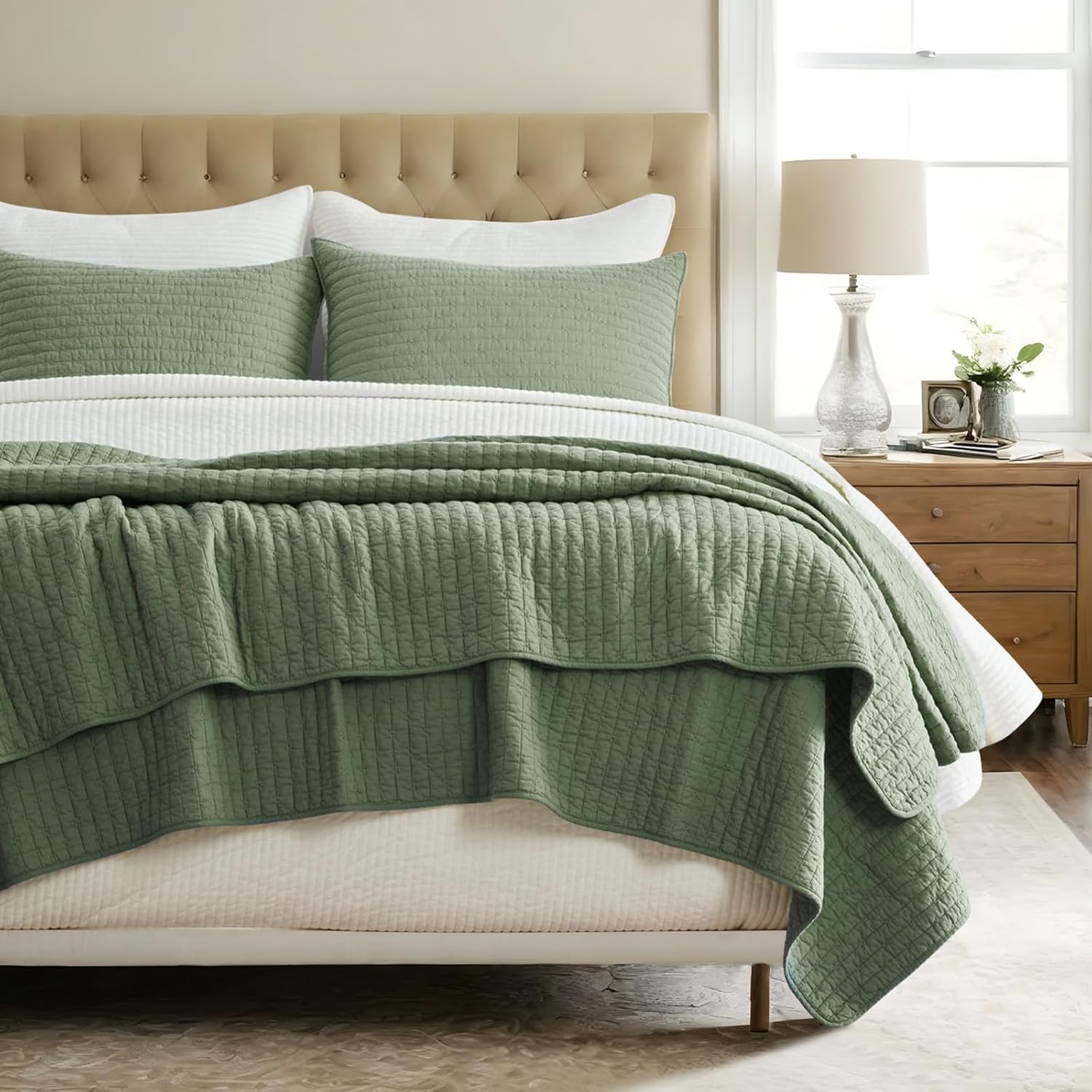 EVERGRACE Cross Stitch Pre-Washed Cotton Quilt Bedding Set King Size, Oversized 3 Pieces Lightweight Bedspread Coverlet for All Season, with 2 Matching Shams, Olive Green,108"x96" - Image 5