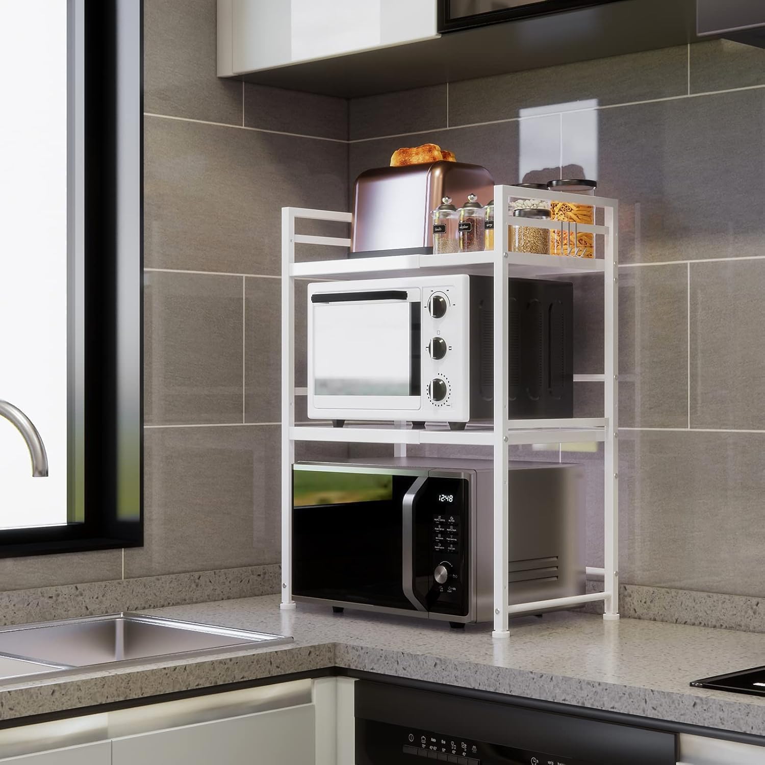 DOLALIKE Microwave Oven Rack, Expandable Microwave Stand Countertop Kitchen Utensils Tableware Storage, Carbon Steel Over Microwave Shelf Countertop 3 Tier with 3 Hooks - Image 6