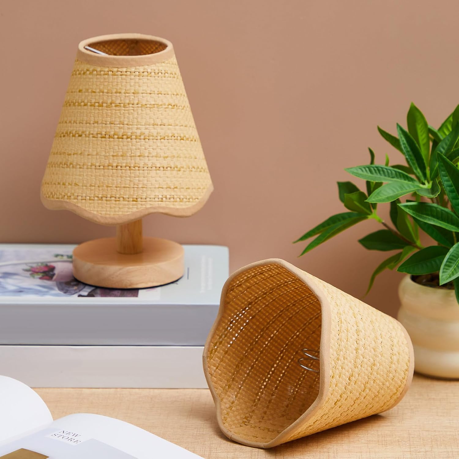 2 Pcs Chandelier Lamps Shade Small Scalloped Lampshade Rattan 3" Top x 6" Bottom x 5-1/4" Slant Height Empire Brown Woven Lamp Shade Clip on Chandelier Candle Wall Sconce Accent Lamp(Boho) - Image 6