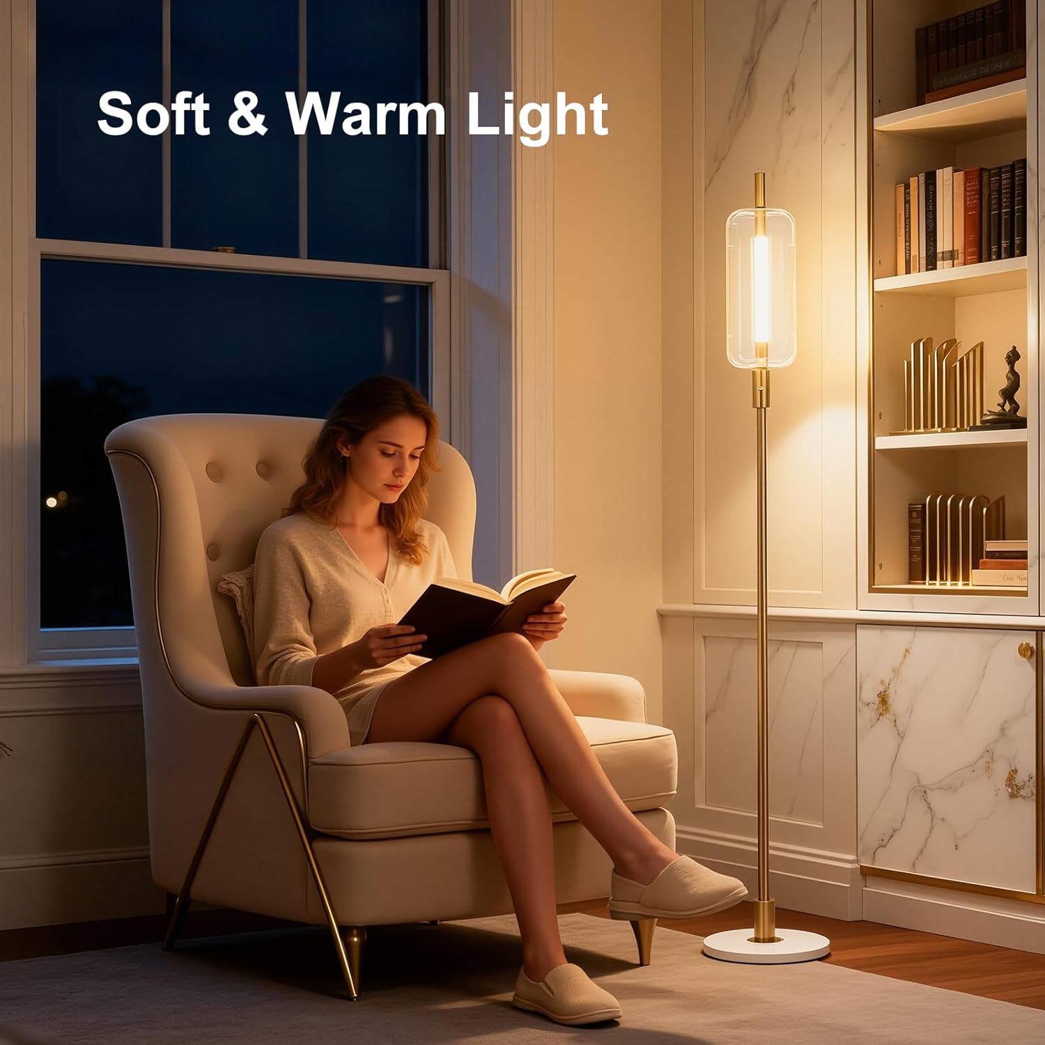 LED Light Strip 6W 24V Glass Floor Lamps for Living Room, Modern Tall Lamp with Glass Lampshade Touch Switch, Marble Base, 64" Stepless Dimmable Standing Floor Lamp for Bedroom Office - Image 4