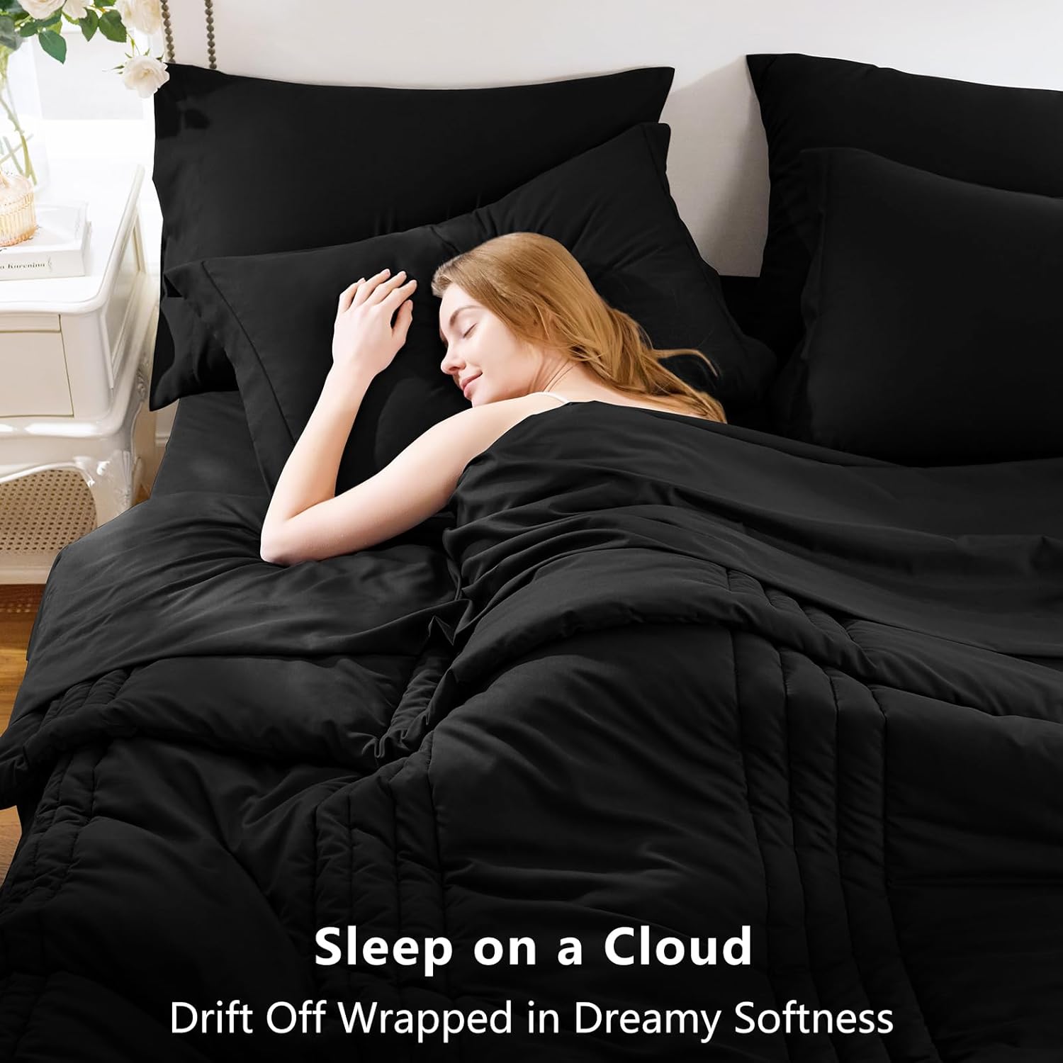 CozyLux Queen Size Comforter Sets - 7 Piece Bed in a Bag Black Comforter Set with Sheets Queen Bed Set All Seasons, Soft Bedding Set with Down Alternative Comforter, Sheets, Pillowcases & Shams - Image 3