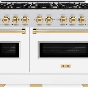 ZLINE Autograph Edition 48 in. 6.7 cu. ft. Classic Double Oven Dual Fuel Range with 8 Burner Gas Cooktop in Stainless Steel with White Matte Door and Polished Gold Accents (CDRZ-WM-48-G)