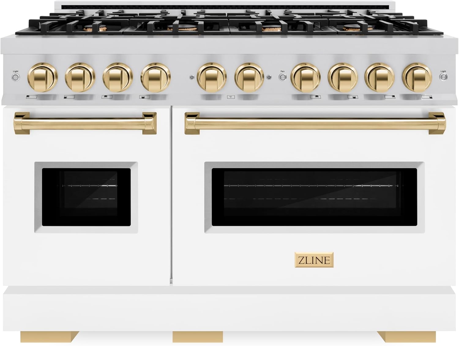 ZLINE Autograph Edition 48 in. 6.7 cu. ft. Classic Double Oven Dual Fuel Range with 8 Burner Gas Cooktop in Stainless Steel with White Matte Door and Polished Gold Accents (CDRZ-WM-48-G)