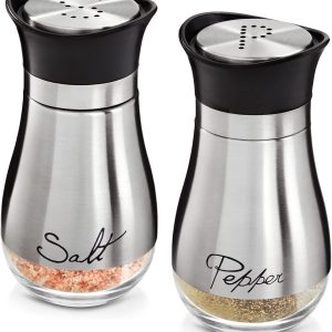 Stainless Steel Salt and Pepper Shaker Set with Glass Bottom, Perforated "S" and "P" Caps - Modern Kitchen Counter Decor (4oz)