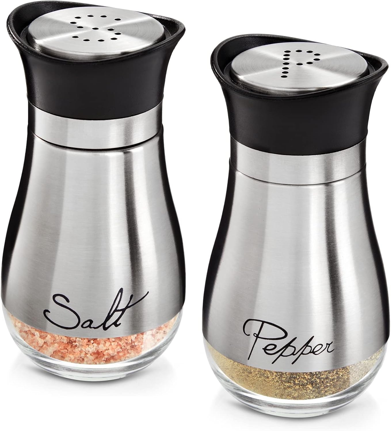 Stainless Steel Salt and Pepper Shaker Set with Glass Bottom, Perforated “S” and “P” Caps – Modern Kitchen Counter Decor (4oz)