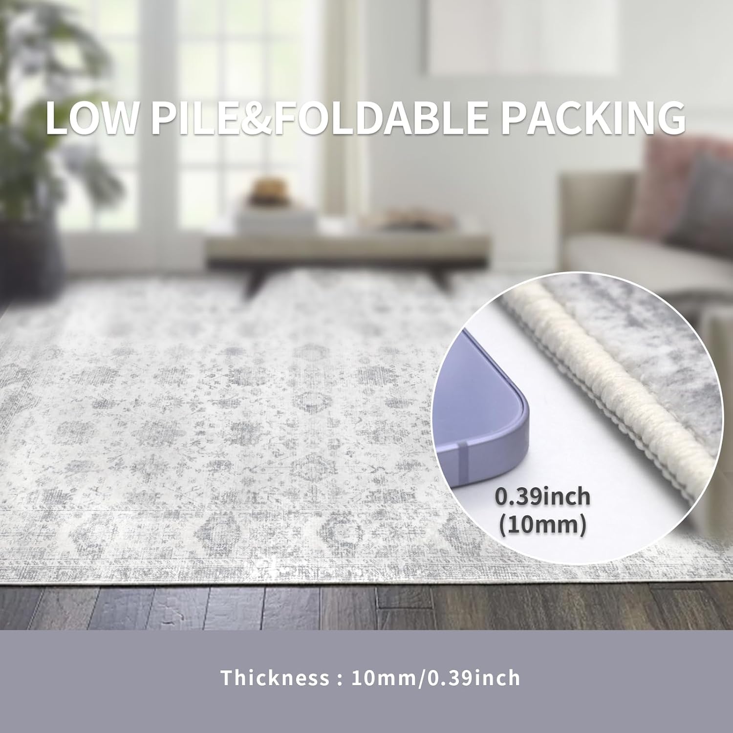 Washable 8×10 Area Rug for Living Room, Vintage Floral Rug Soft Non Slip Stain Resistant Boho Carpet for Bedroom Dinning Room Kitchen Home Office Grey - Image 4