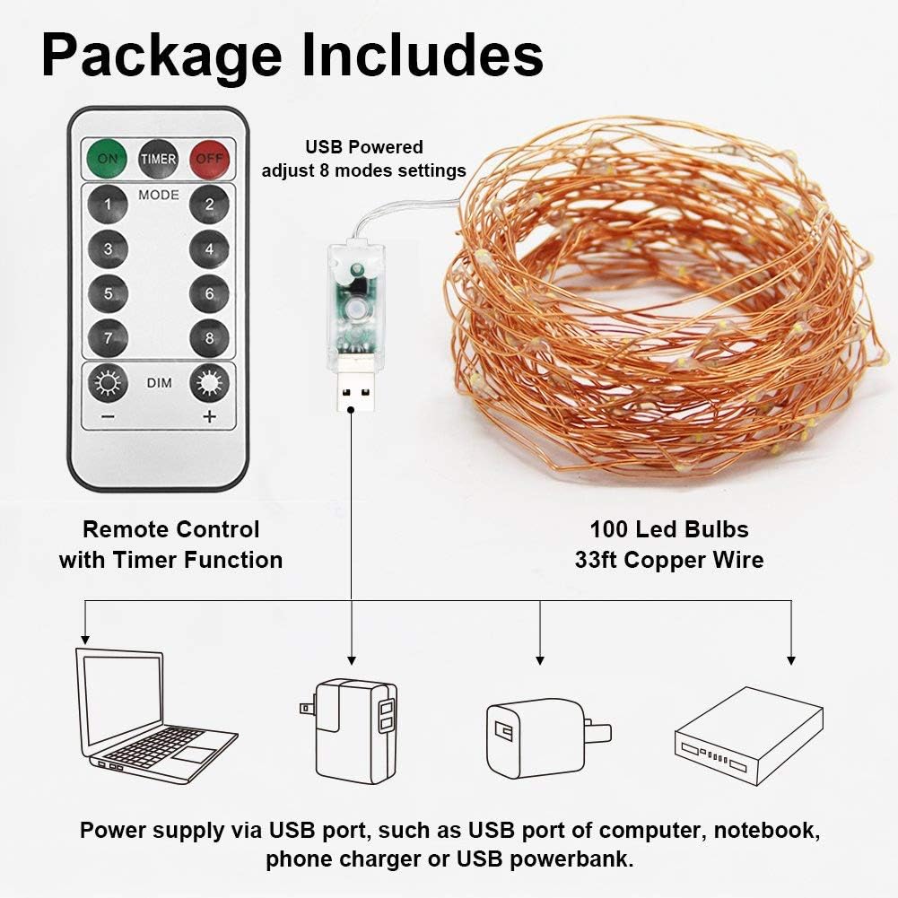 Twinkle Star 33ft 100LED Copper Wire String Lights Fairy String Lights 8 Modes USB Powered with Remote Control for Wedding Party Home Christmas Decoration, Warm White - Image 5