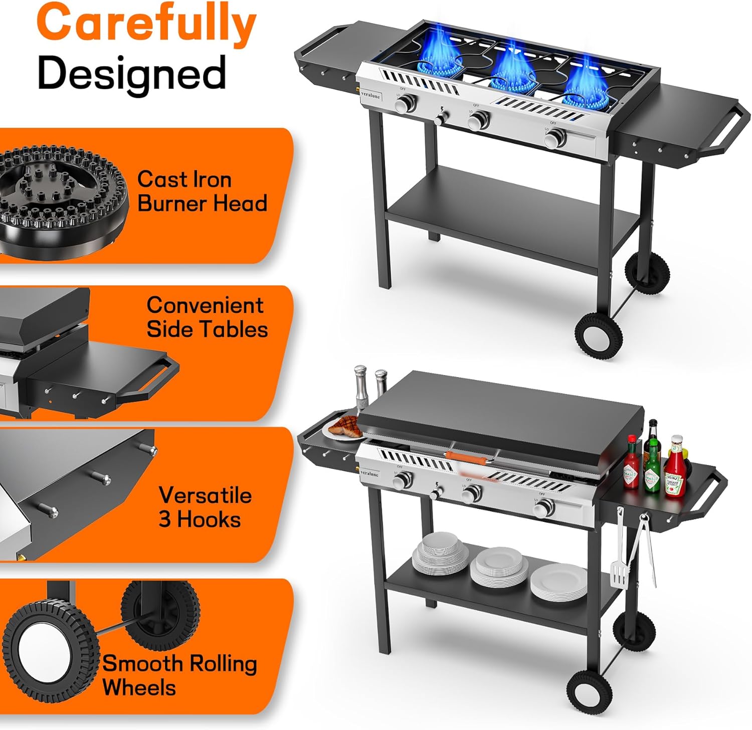 Veralune 3 Burner Propane Stove & Griddle with Ignition & Regulator, 225,000 BTU Powerful Portable Gas Griddle with Storage Shelf, Portable Wheels for Backyard Cooking BBQ Frying and Boiling - Image 6