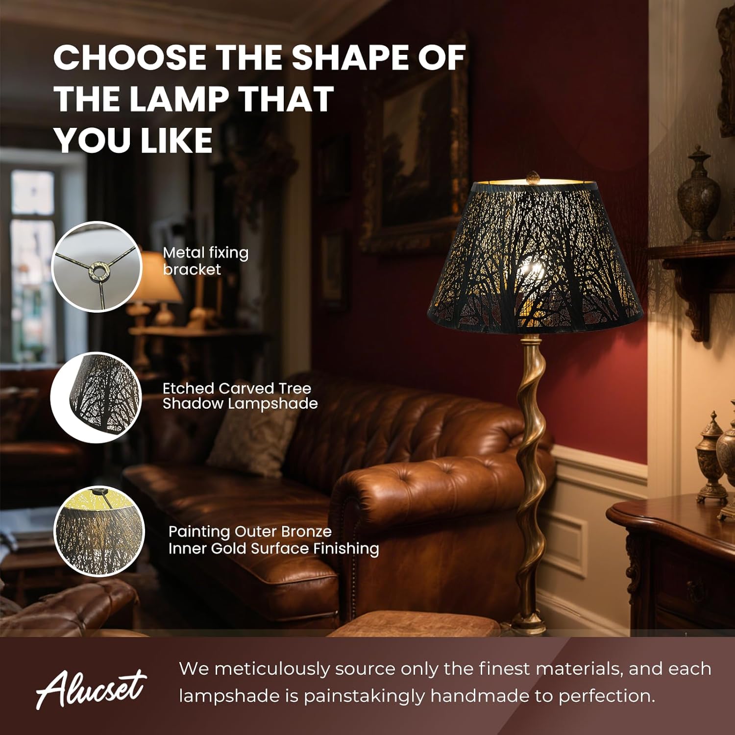 Metal Lamp Shade, ALUCSET Barrel Lampshade with Pattern of Trees Lampshades for Table Lamp, Metal Lamp Shades 7" Top x 13" Bottom x 7.8" High Spider Fitter, Bronze Gold - Image 2